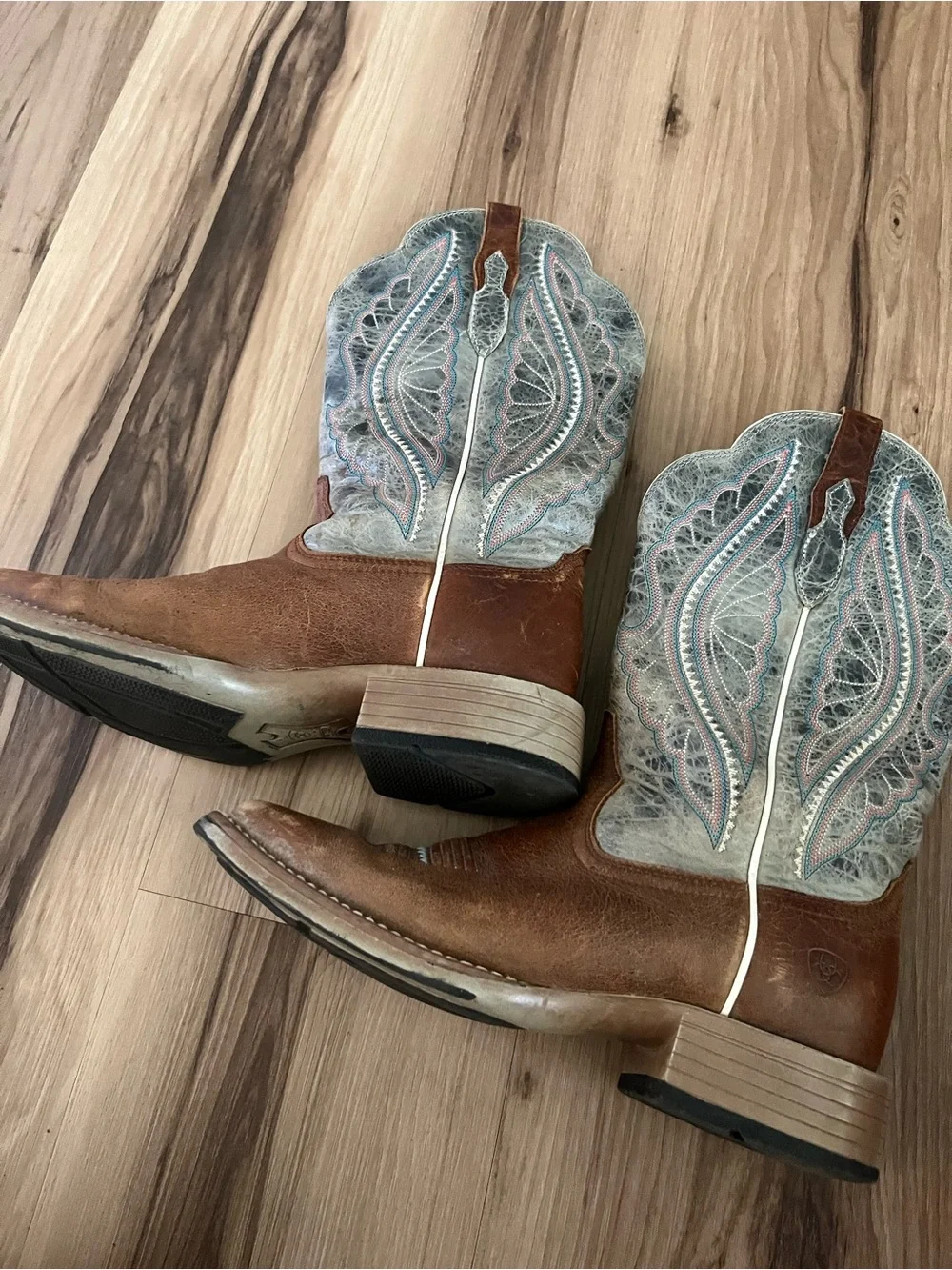 Ariat Women's Brown Blue Leather Western Boots Square Toe Pull On Mid-Calf 7b